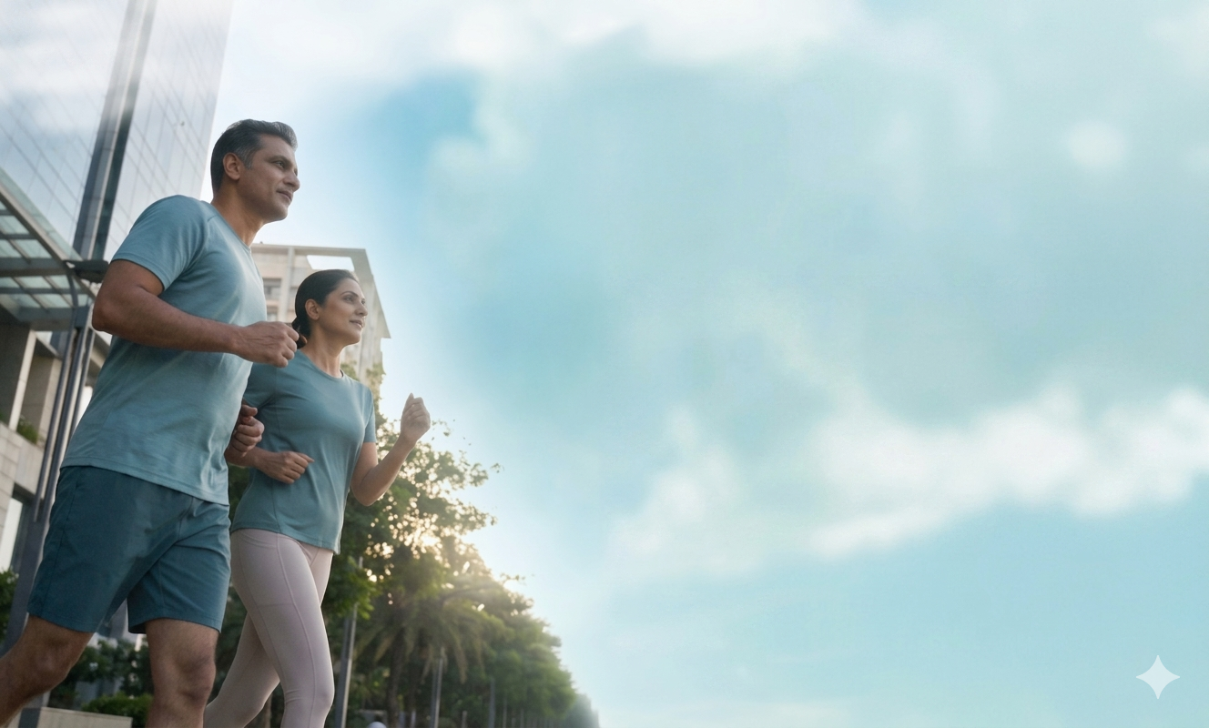 Couple jogging outdoors in bright light